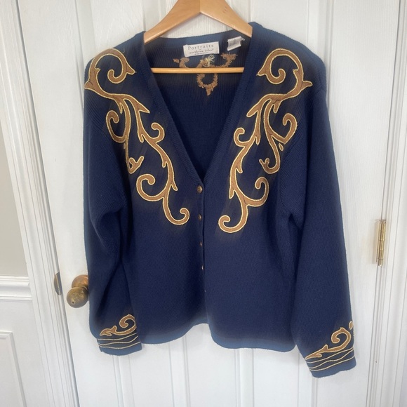 VTG  Portraits By Northern Isles Large  Embroidered Holiday Wool Blend Navy - Picture 1 of 7